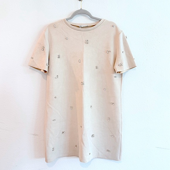 Zara Dresses & Skirts - Zara Faux Suede Jewel Dress Elegant Cream Dress with Silver Accents